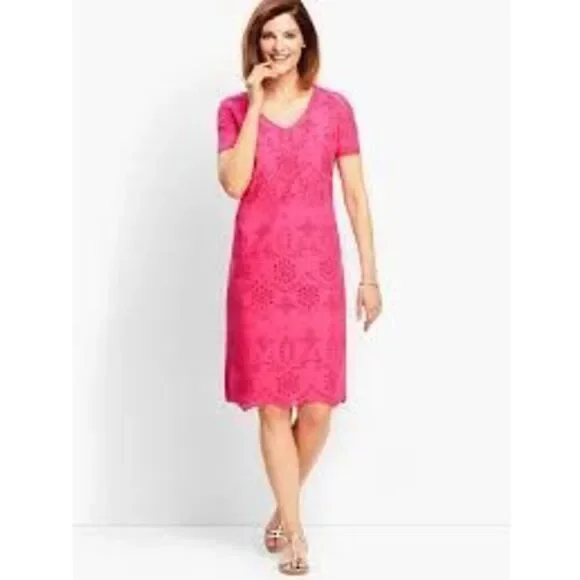 Talbots Size 16 Embroidered Eyelet Lace Tee Shirt Dress Hot Pink Spring Vacation - Picture 14 of 15